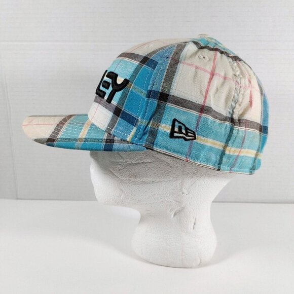 New Era Oakley 7 1/4  Fitted Hat Ball Cap Blue White Plaid - Picture 2 of 5